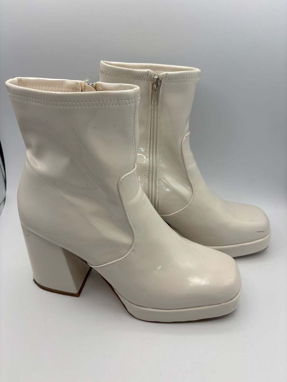 Steve Madden Ever White Patent Platform Block Heel Ankle Boots Disco 70s Y2K